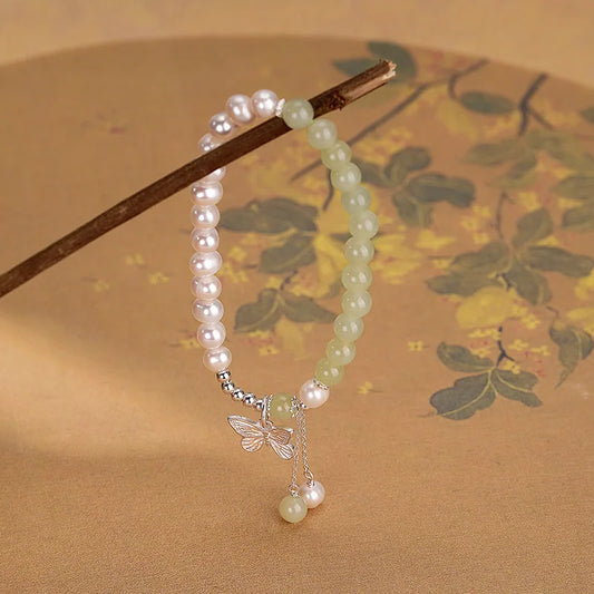 Butterfly Tassel Pendant Bracelet with Natural Hetian Jade