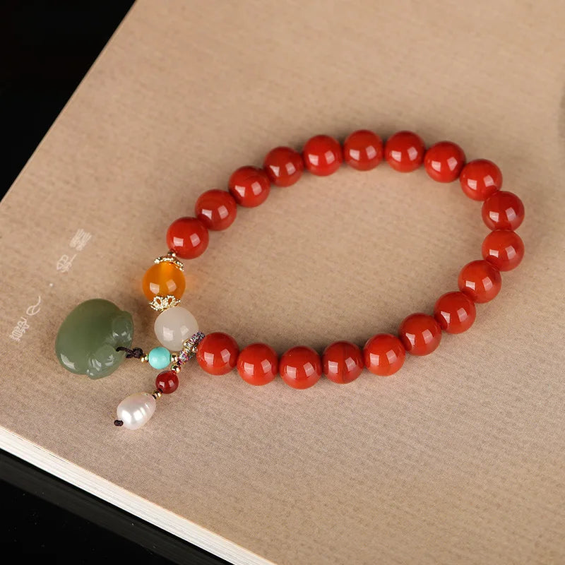 Agate Attracting Wealth Circle Bead Natural South Red Bracelet With Amber Green Pine Round Bead Bracelet High-Grade Jewelry