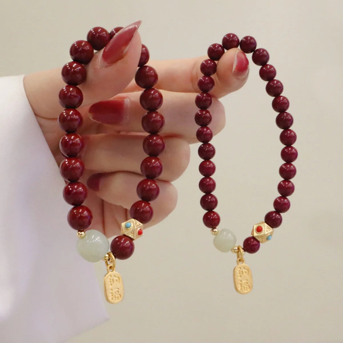 Chinese Feng Shui Red Imitation Cinnabar Beaded Bracelets For Women Men Protection Bring Wealth Lucky Elastic Bangles Jewelry
