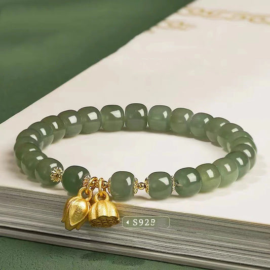 White Hotan Jade 6mm Bracelet|Lotus Nephrite Lucky Amulet