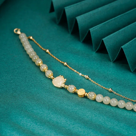 Hotan Jade Double-Layered Bracelet – Vintage Leaf Charm