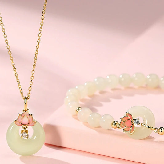 Hotan White Jade Lotus Bracelet|Chinese Style Feng Shui Gift