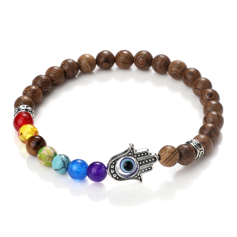 6mm天然石七脉轮弹力手链|掌形邪眼护符 男女通用