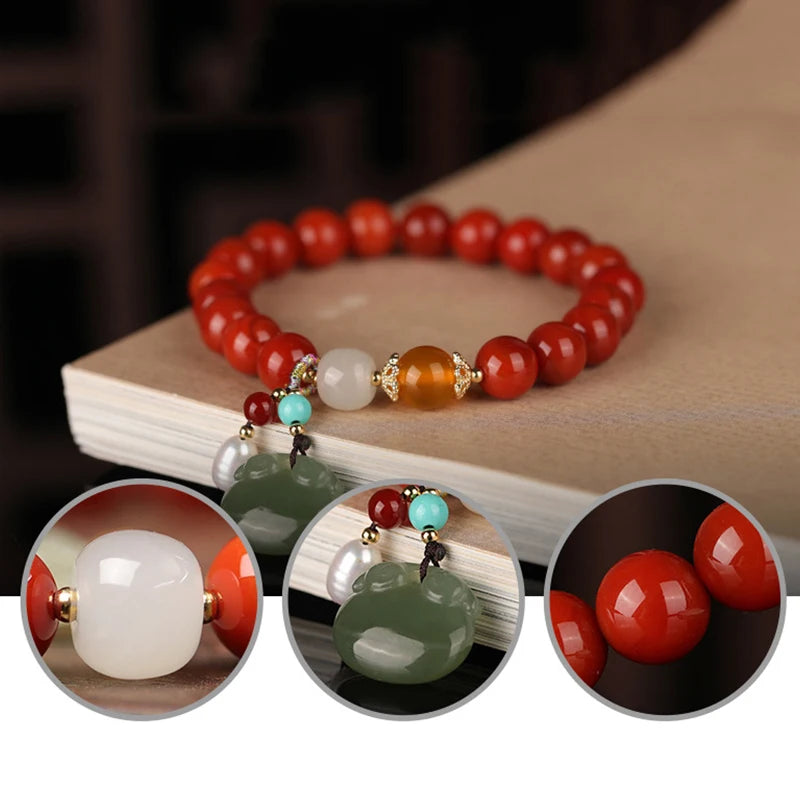 Agate Attracting Wealth Circle Bead Natural South Red Bracelet With Amber Green Pine Round Bead Bracelet High-Grade Jewelry