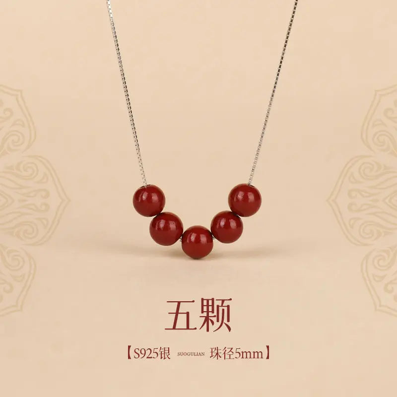 Natural Cinnabar Water-Drop Pendant Necklace|Silver Chain Lucky Beads