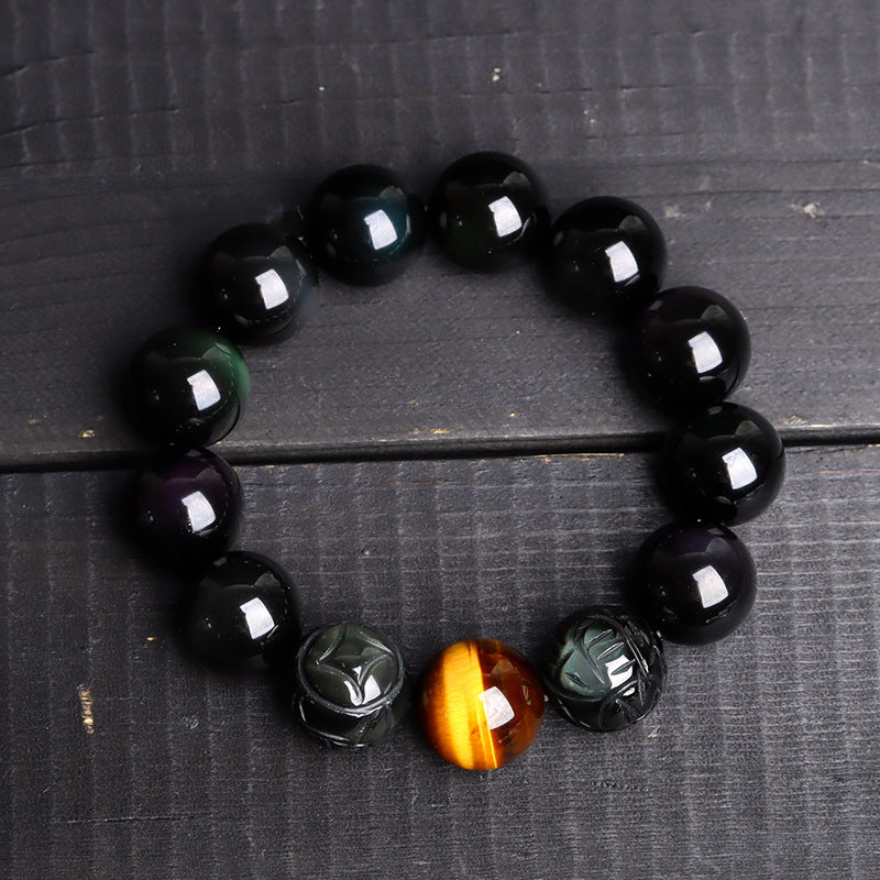 Natural Obsidian Gold-Swallowing Pixiu Double Color Tiger Eye Stone Bracelet for Wealth & Protection