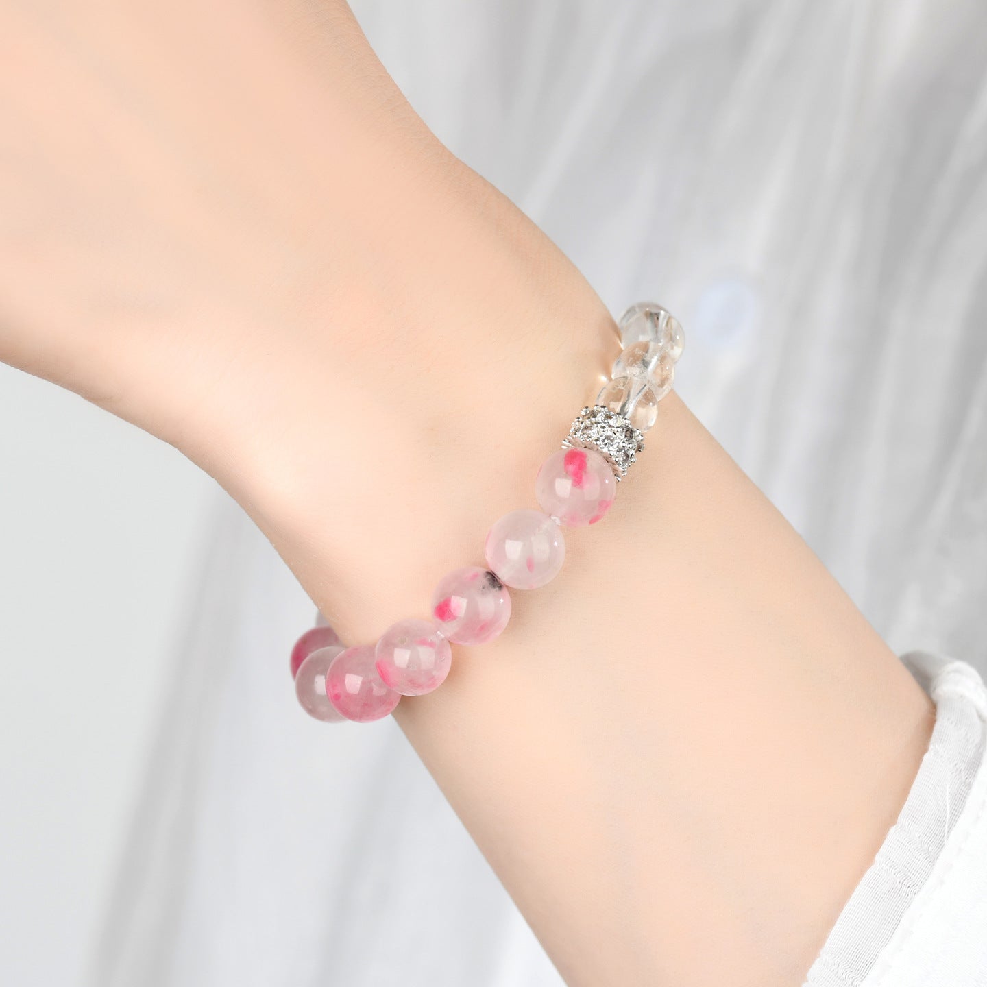Natural Cherry Blossom White Crystal Love Bracelet | Peach Pink Women's Spiritual Jewelry