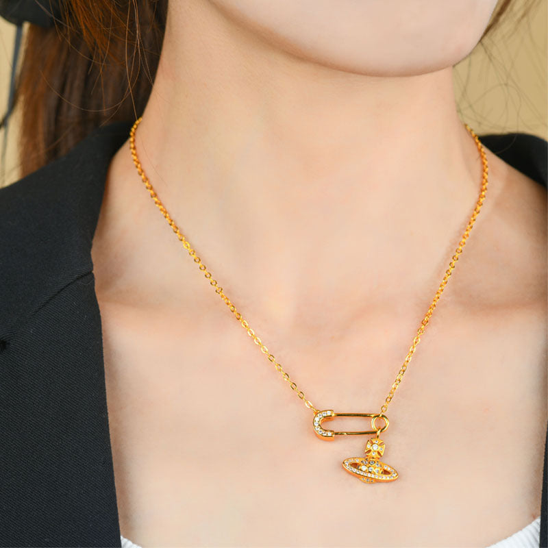 Golden Saturn Pin Necklace | 3D Planet Design Fashion Clavicle Chain