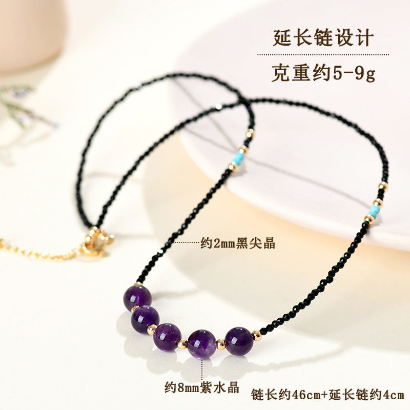 Natural Black Spinel Amethyst Collarbone Necklace Adjustable Original Design Women's New Internet Hot Necklace