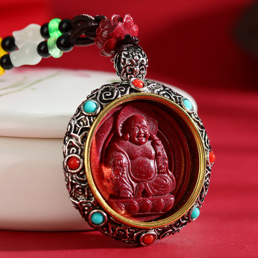 Tibetan Style Cinnabar Rotating Thangka Necklace with Buddha Pendant – Spiritual Protection Jewelry