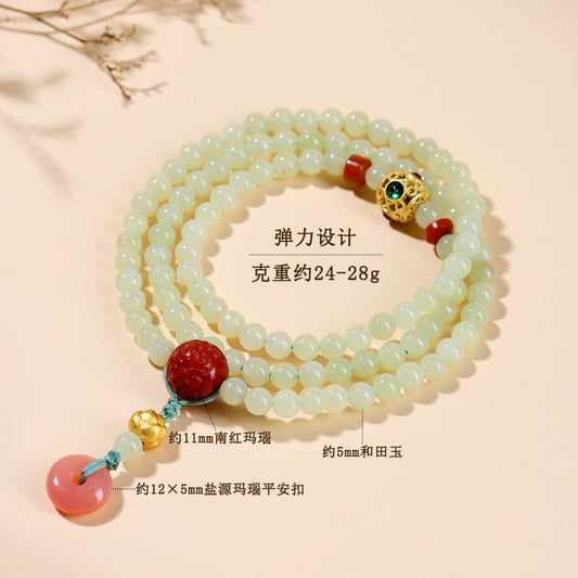 Natural Hetian Jade & Southern Red Agate Three-Circle Bracelet | Peace and Prosperity Buddhist Beads for Women