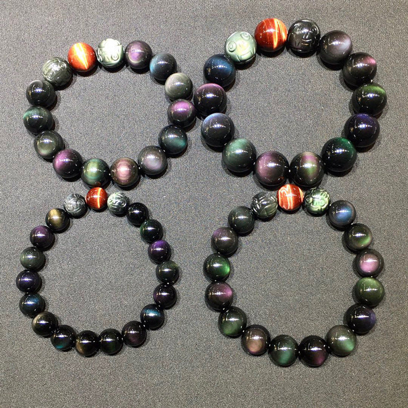 Natural Rainbow Double-Eyed Obsidian Carved Pixiu Bracelet with Red Tiger Crystal - Wealth Guardian Amulet