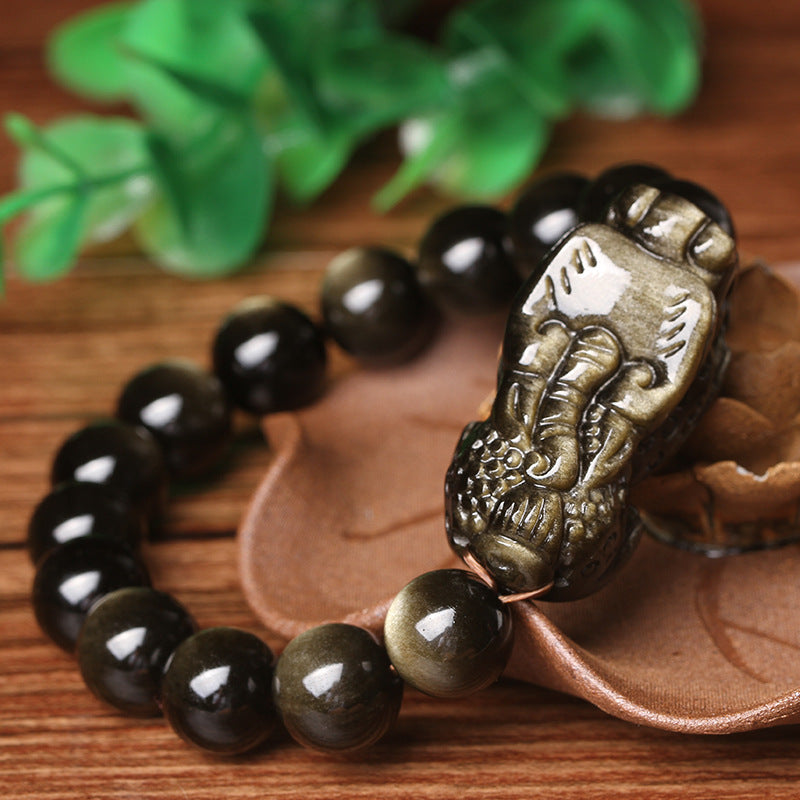 Golden Pixiu Obsidian Bracelet - Wealth Attracting Protection Amulet with Double-Eyed Beads