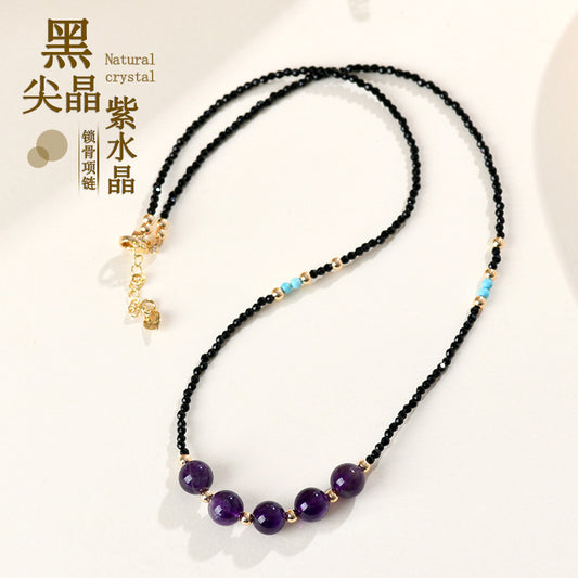 Natural Black Spinel Amethyst Collarbone Necklace Adjustable Original Design Women's New Internet Hot Necklace