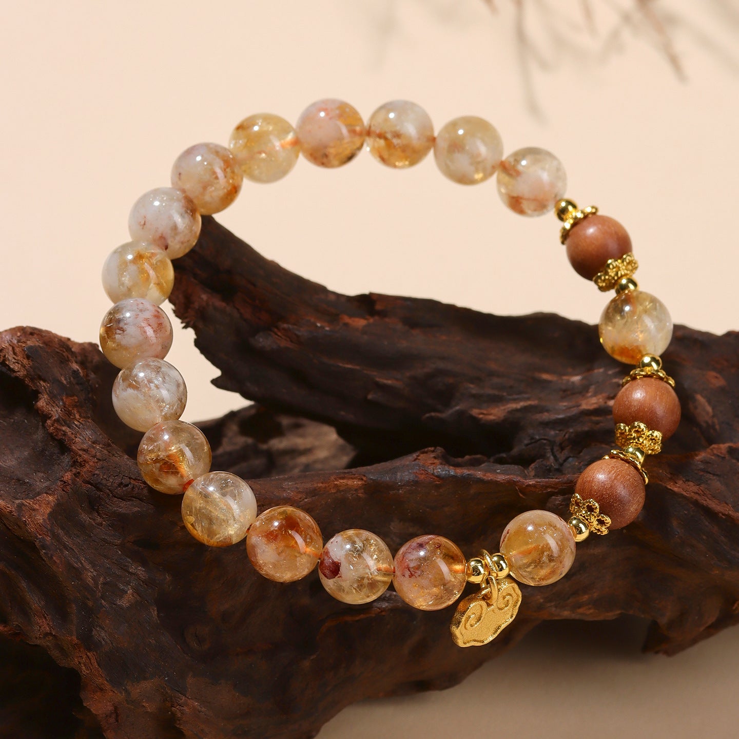 Natural Yellow Pagoda Crystal & Sandalwood Lucky Bracelet with Xiangyun Pendant