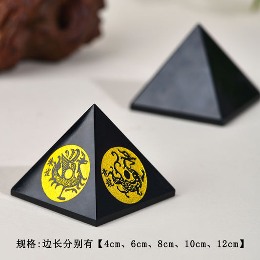 Natural Obsidian Pyramid with Four Divine Beasts - Feng Shui Home Ornament for Protection and Harmony