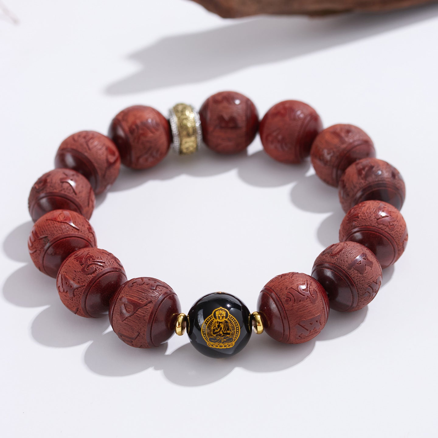 Small Leaf Red Sandalwood Six-Word Mantra Black Obsidian Guardian Deities Zodiac Bracelet for Couples