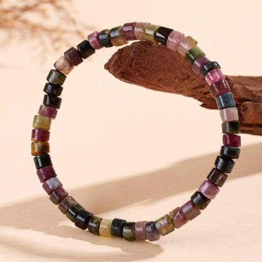 Natural Crystal Tourmaline Amazonite Straight Cut Tablet Bracelet - Spiritual Harmony & Protection