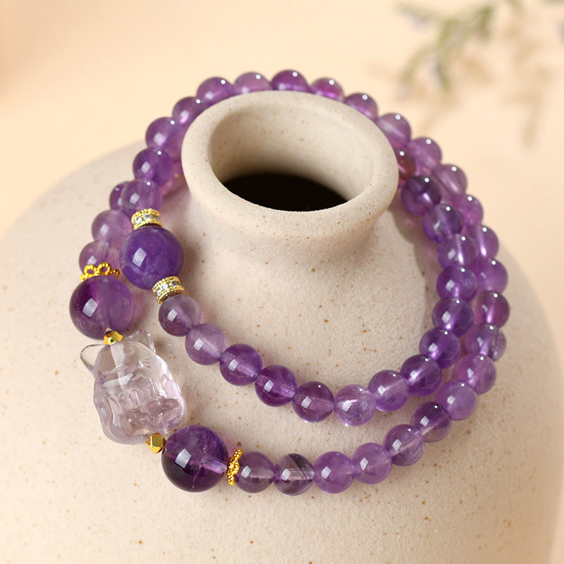 Natural Amethyst Nine-Tailed Fox Double Circle Bracelet - Mystical Chinese Style Women's Jewelry