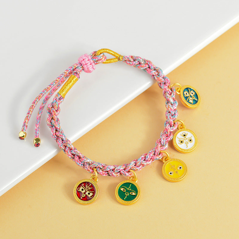 Handwoven Peach Blossom Knot Five-Way God of Wealth Tibetan Thangka Bracelet for Prosperity