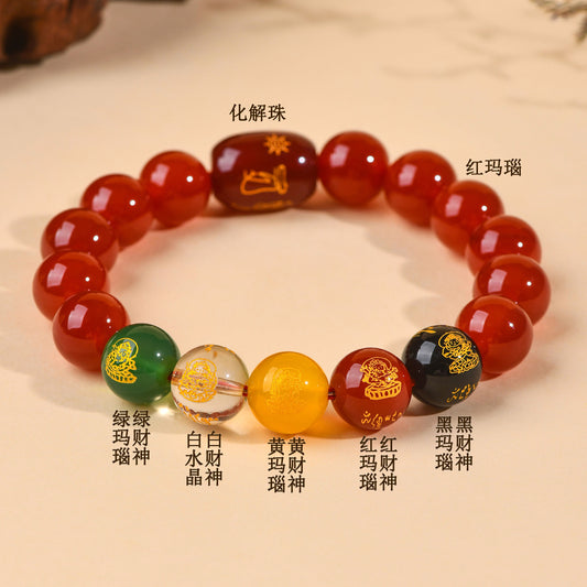 Five-Way God of Wealth Red Agate Tai Sui Bracelet - Wealth Attraction & Zodiac Protection