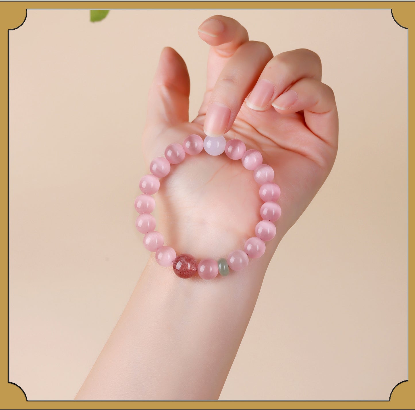 Pink Cat's Eye Strawberry Crystal Bracelet | Love Charm & Fashion Energy for Women