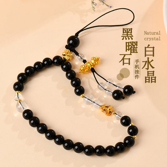 Natural Obsidian White Crystal Phone Charm Pendant | Chinese Retro Style Temple Blessing Ornament