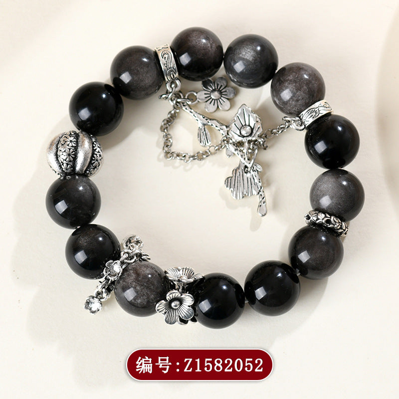 Natural Silver Obsidian Original Bracelet New Large Particle Round Beads National Style Men and Women Couple Style Hot Selling Bracelet Jewelry
