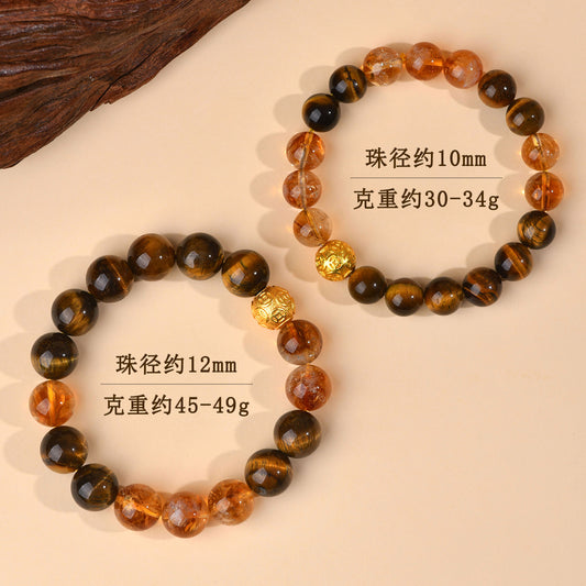 Yellow Tiger Eye Crystal Bracelet with Copper Coin Beads - Chinese Style Lucky Charm