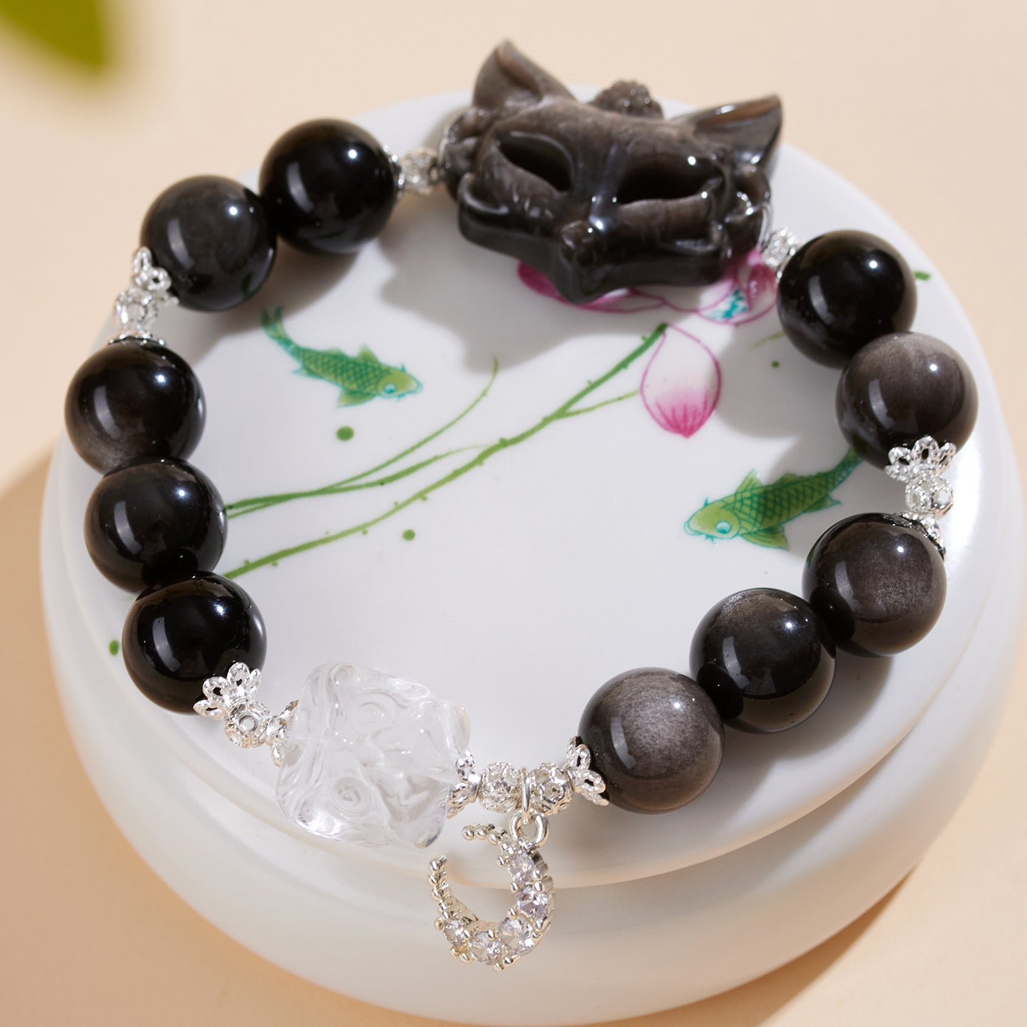 Silver Obsidian Fox Mask Bracelet with White Crystal Lion Awakening - Chinese Style Women's Spiritual Jewelry