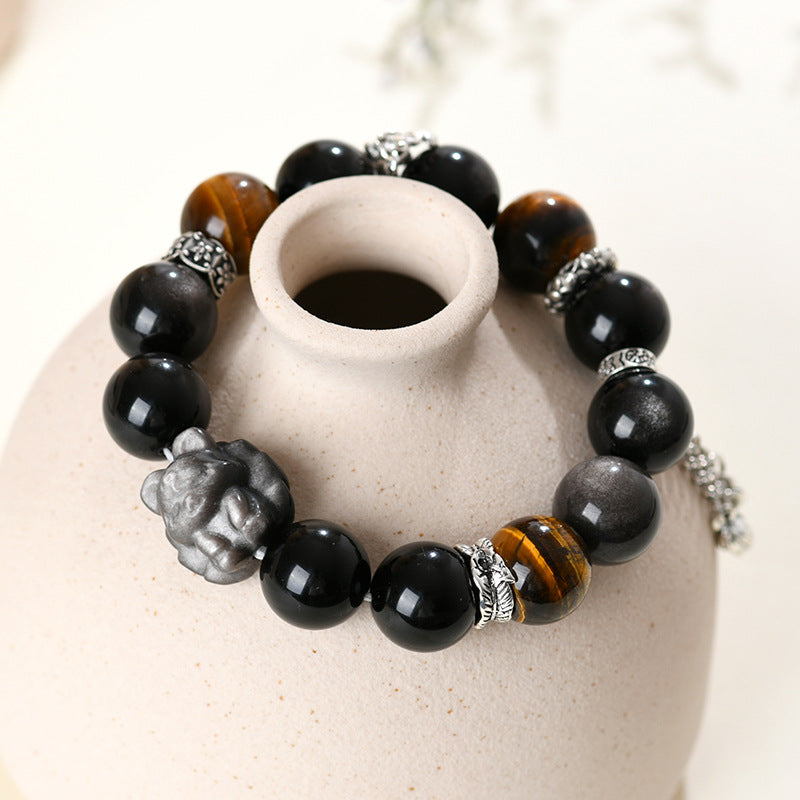 Natural Yellow Tiger Eye Silver Obsidian Nine-Tailed Fox Bracelet | Wisdom Charm Protection Couple Amulet