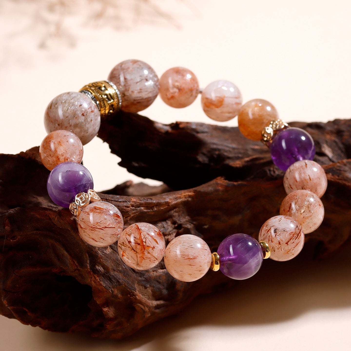 Natural Black Gold Super Amethyst Bracelet with Six-Word Mantra | Spiritual Wisdom & Protection