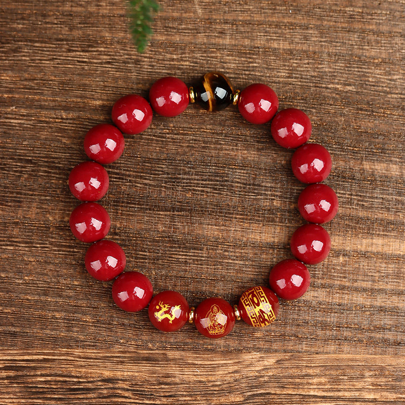 Natural Obsidian Zodiac Buddha Bracelet with Tiger Eye and Six-Word Mantra
