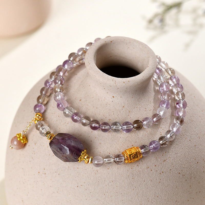 Natural Super Seven Crystal Purple Phantom Double Circle Bracelet - Spiritual Energy & Elegance for Women