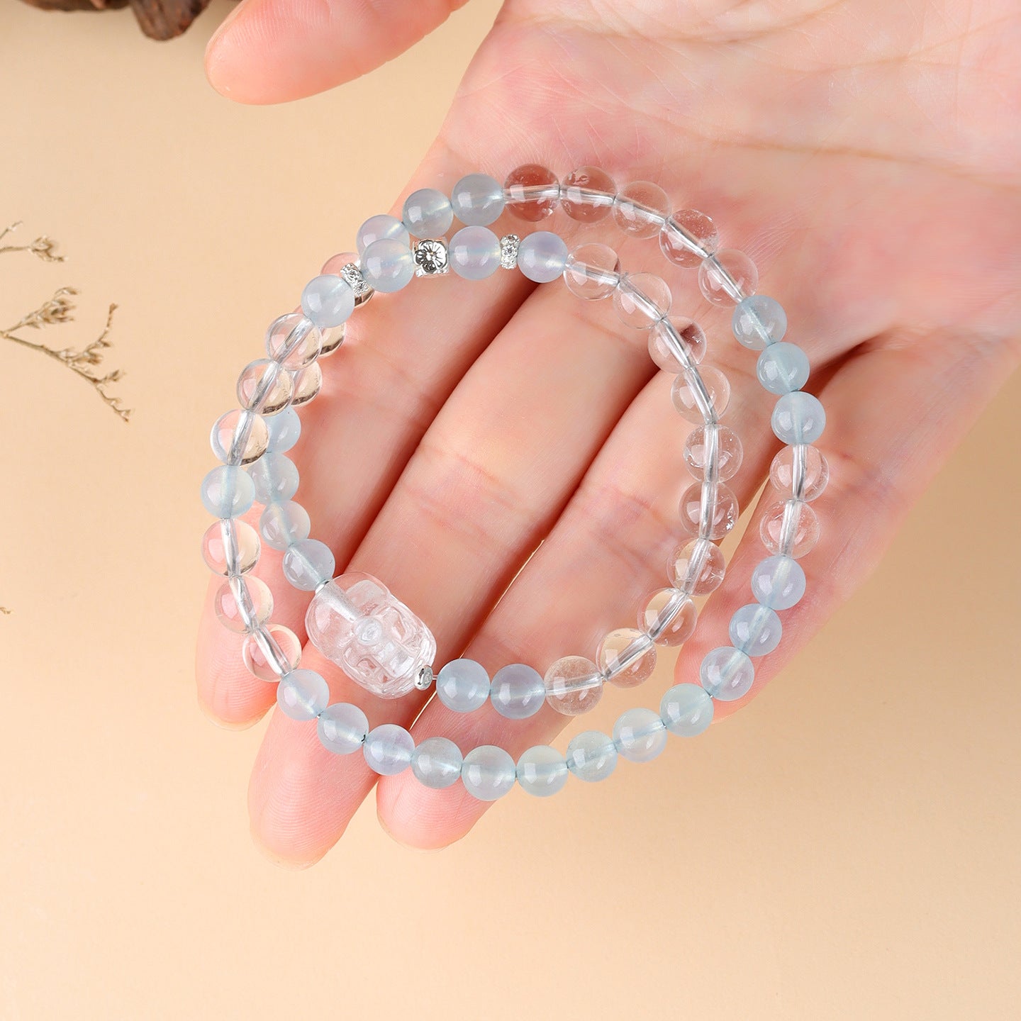 Natural Aquamarine and White Crystal Pixiu Double Circle Bracelet - Spiritual Elegance for Women