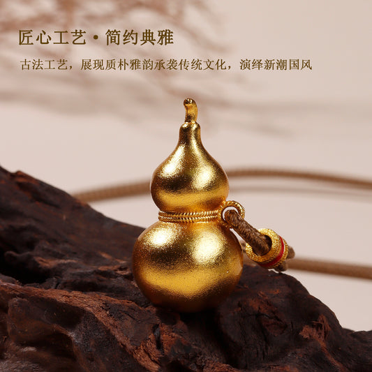Golden Gourd Fortune Pendant Necklace | Chinese Style Ancient Craft Amulet for Wealth