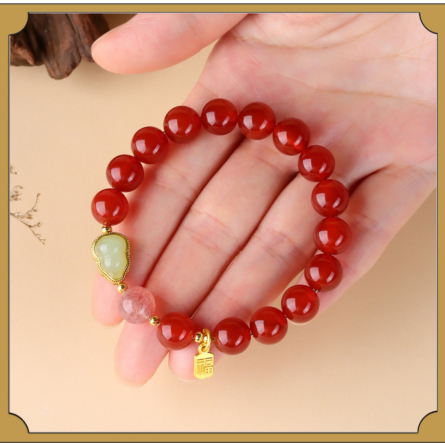 Natural Red Agate Strawberry Crystal Gourd Bracelet | Chinese Style Fortune Prosperity Unisex