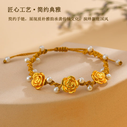 Golden Sand Rose Hand-Woven Bracelet | Ancient French Chinese Style Women's Luck Charm