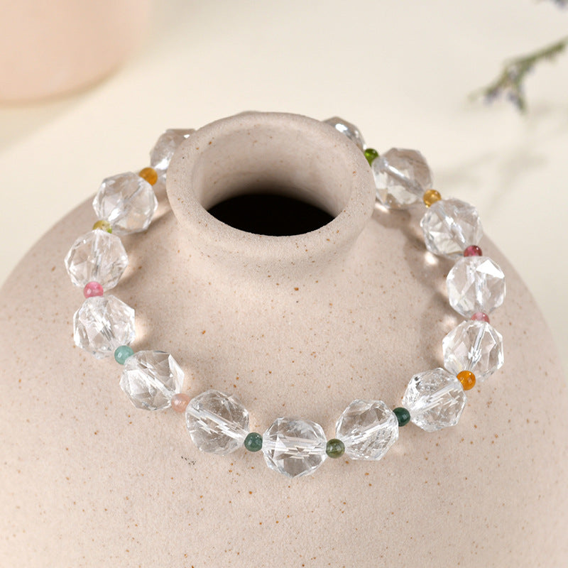 Natural Faceted White Crystal Tourmaline Bracelet | Spiritual Energy & Temple Elegance