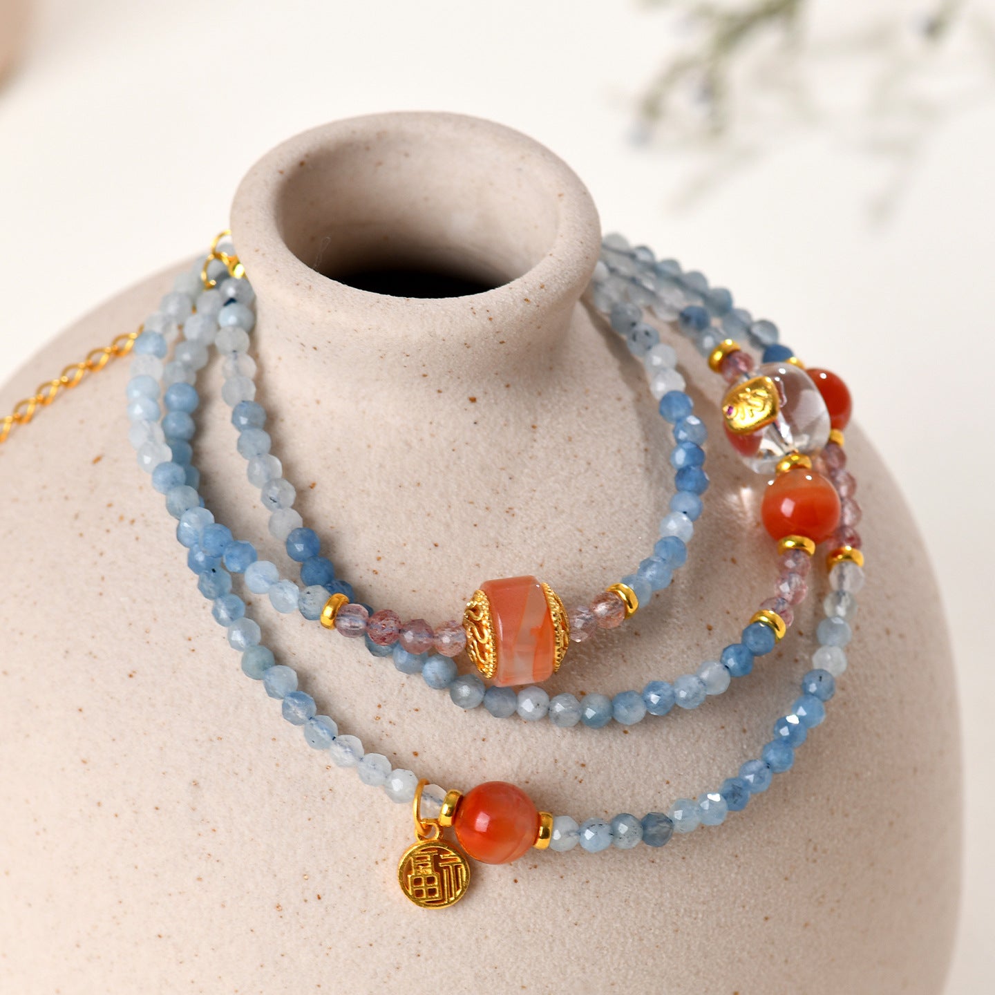 Natural Crystal Aquamarine Southern Red Agate Collarbone Necklace - S925 Silver Elegant Jewelry for Women