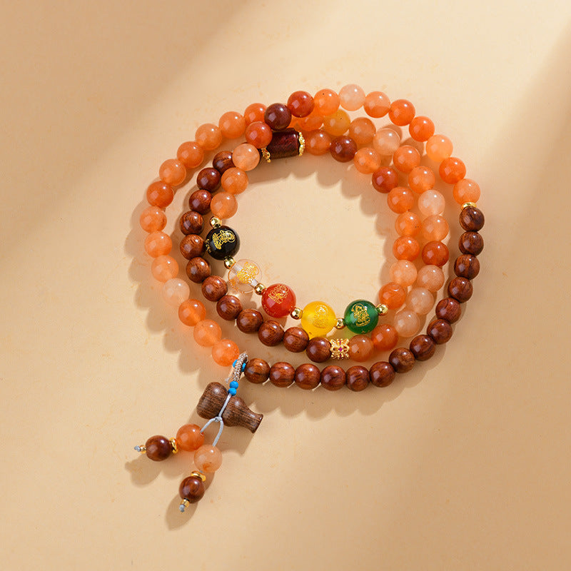 Golden Silk Jade Rosewood Three-Circle Bracelet: Five-Way God of Wealth Talisman for Prosperity