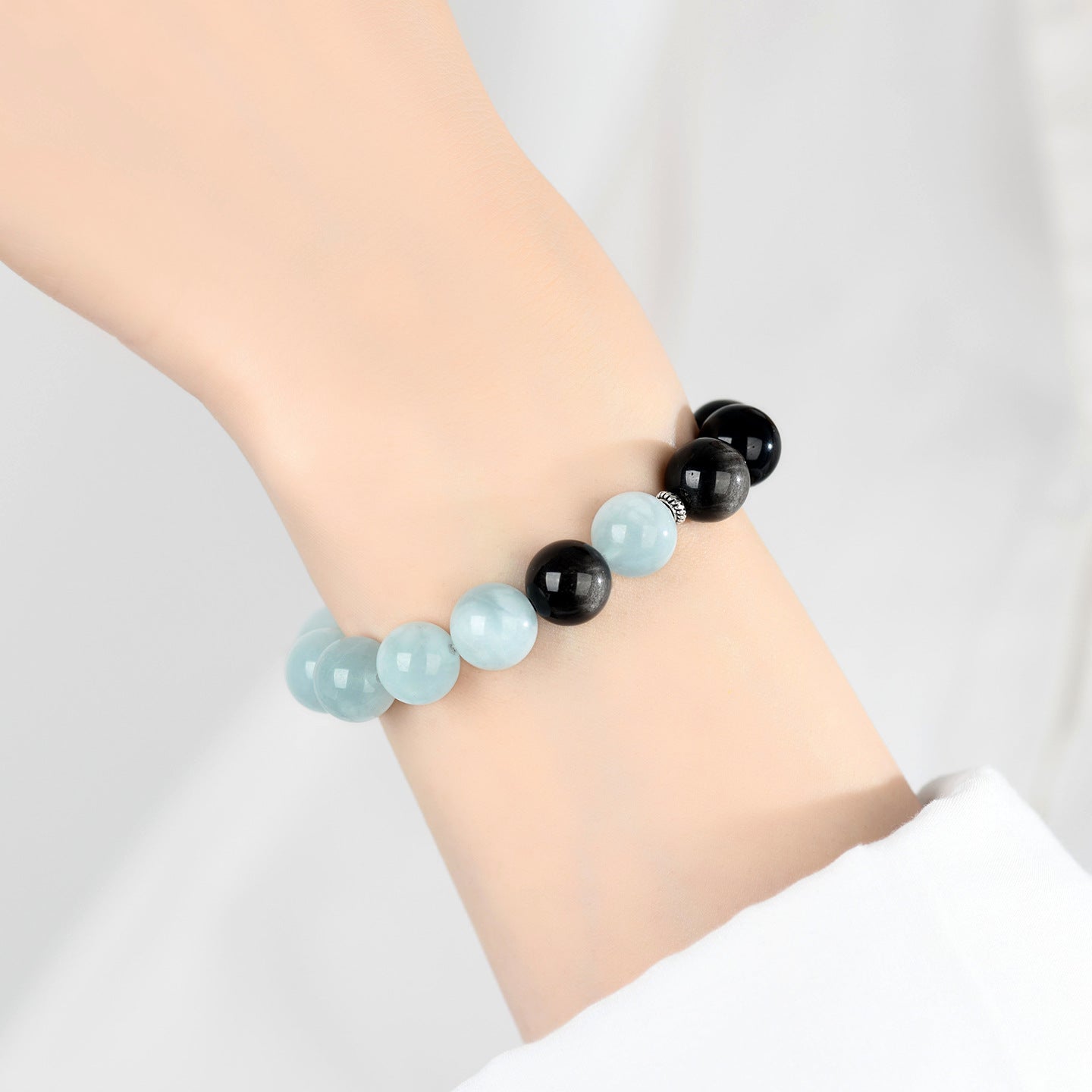 Elegant Silver Obsidian and Aquamarine Bracelet | Protection and Serenity for Women