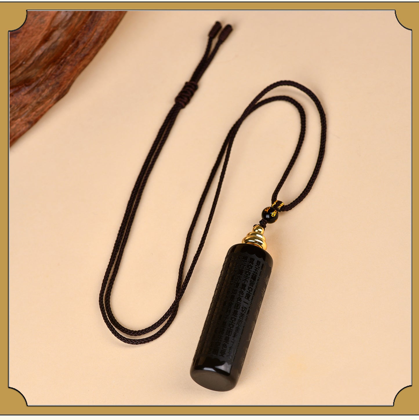 Natural Obsidian Heart Sutra and Shurangama Mantra Pendant Necklace for Spiritual Protection