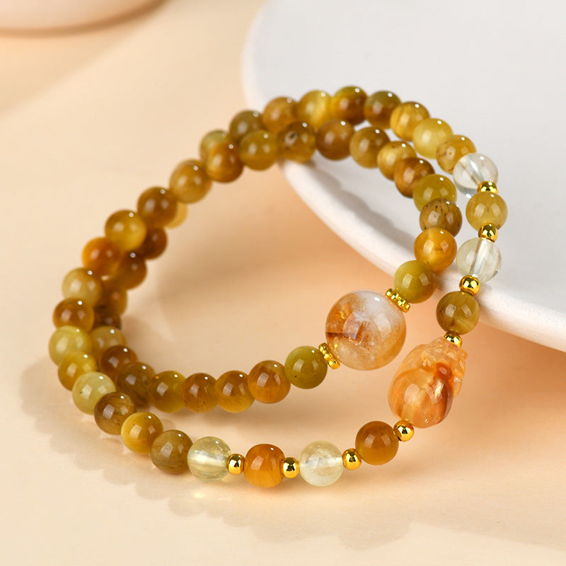 Golden Tiger Eye Pixiu Double Circle Bracelet - Chinese Style Wealth Talisman