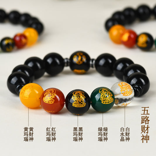 Natural Obsidian Red Agate Five Directions Wealth God Zodiac Buddha Bracelet for Prosperity