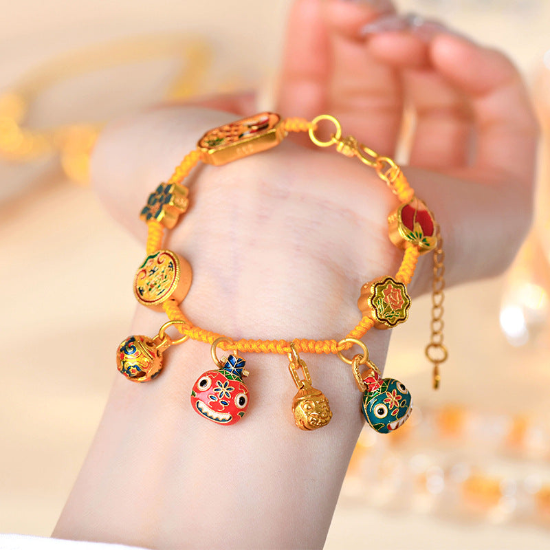 Gold-Plated Blue Enamel Gold-Swallowing Beast Family of Three Five-Way God of Wealth Hand-Woven Bracelet