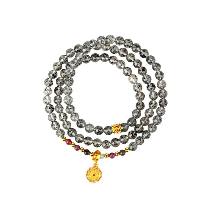 Natural Black Strawberry Quartz Tourmaline Three-Circle Bracelet | Mystical Protection & Harmony