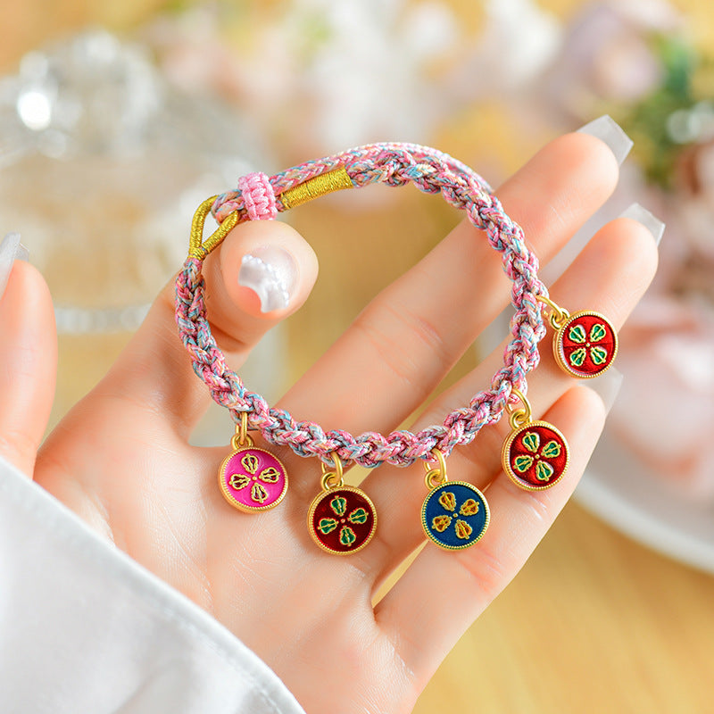 Handwoven Peach Blossom Knot Five-Way God of Wealth Tibetan Thangka Bracelet for Prosperity