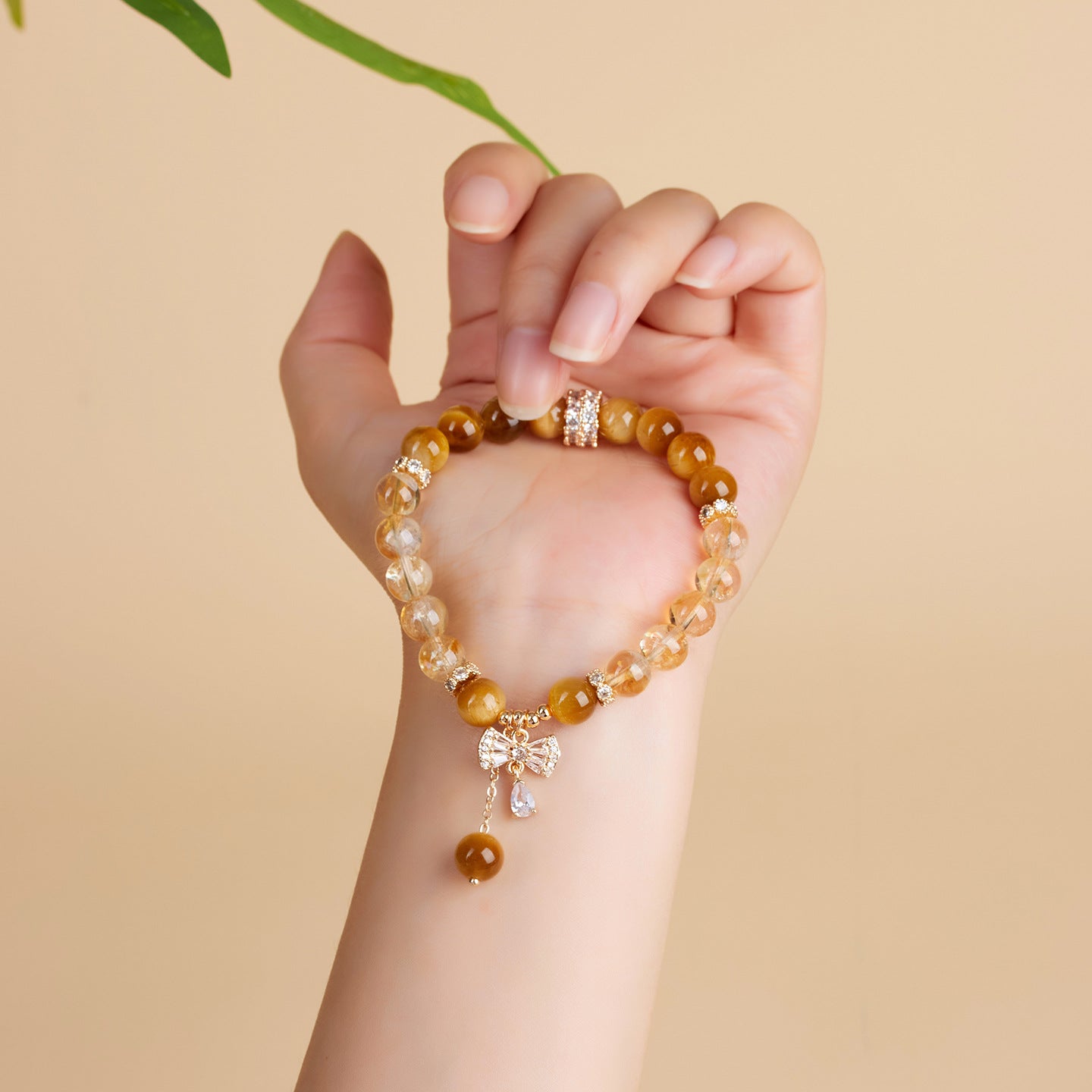 Natural Yellow Tower Crystal and Gold Tiger Eye Bow Tassel Bracelet - Wealth Attraction and Spiritual Protection