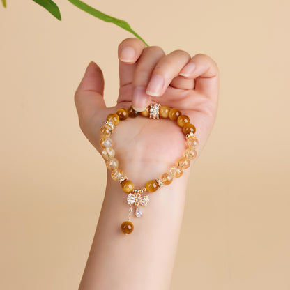 Natural Yellow Tower Crystal and Gold Tiger Eye Bow Tassel Bracelet - Wealth Attraction and Spiritual Protection